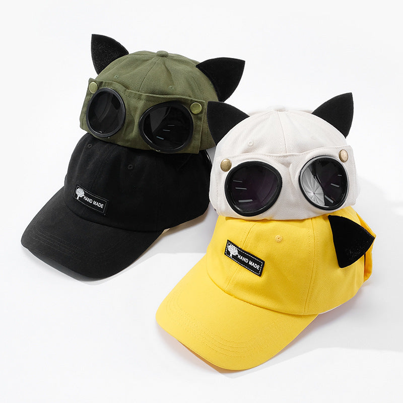 Venta al por mayor, gorra de béisbol con gafas de aviador con orejas de gato lindas de poliéster y algodón